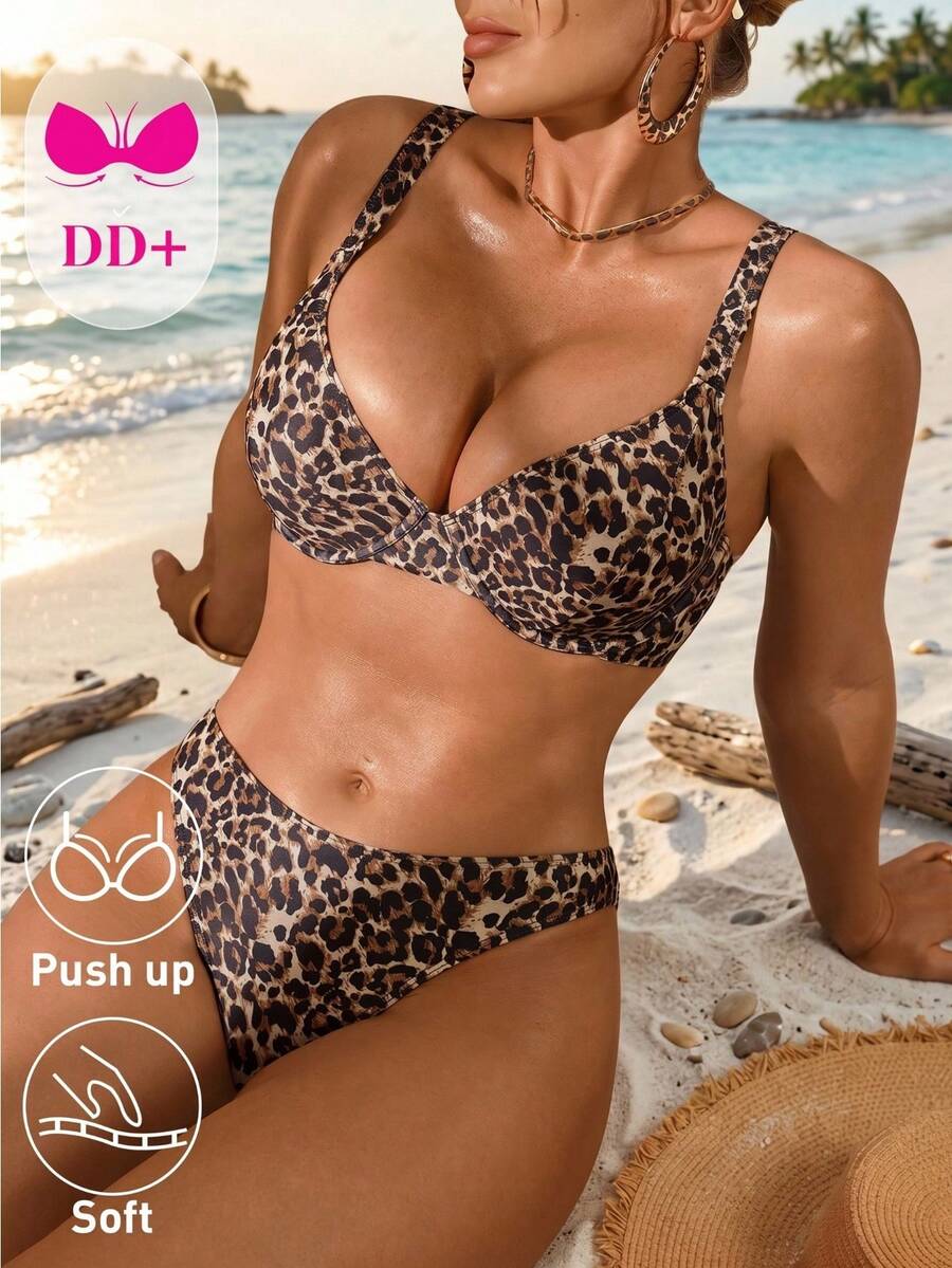 Swim DD+ DD+胸围豹纹印花可拆卸加厚比基尼套装，优雅浪漫性感，适合海滩/度假村、春夏、海滩度假。2026新款女士泳装到货，适合上学、度假、约会、下午茶、西式、邮轮、海滩、海岛、公路旅行、四季皆宜、音乐节、波西米亚风度假、凉爽秋季、西部波西米亚风。优雅的女士连衣裙，活泼的假日彩色印花泳装。豹纹比基尼，豹纹泳装，猎豹纹两件式泳衣，女士比基尼套装，女士加厚泳装套装。