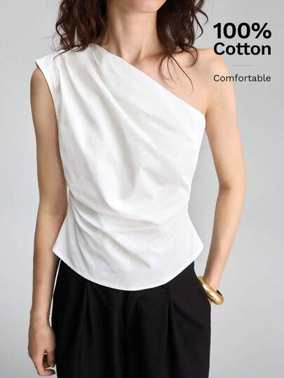 Ontre 2026 Summer New Arrival Beige Off-Shoulder Ruched Sleeveless Blouse, Flattering Fit, Versatile For Urban Commute, Vacation, Beach, Music Festival, Spring/Summer Casual Wear, Minimalist Elegant