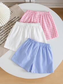 SHEIN 3件套少女梭织纯色条纹格子休闲短裤套装，三件套少女夏季短裤，少女服装，少女短裤，格子短裤，条纹短裤，柔软透气，少女弹力腰带短裤，夏季舒适日常穿着 - 彩色 - 查看 2