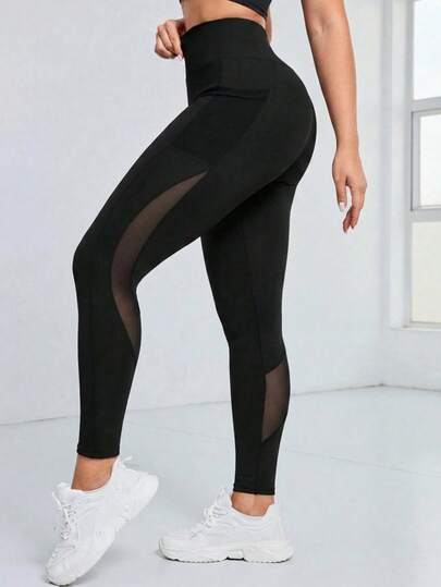 SHEIN Rhythm Era 大码女式高腰纯色撞色网眼运动紧身裤