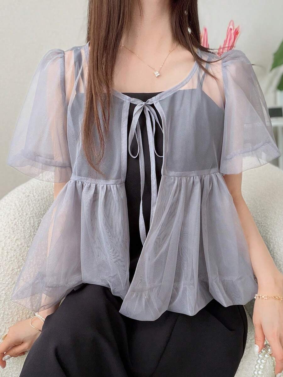 FRIFUL 女款純色百褶休閒百搭日常穿著上衣 夏季 - 灰色 - 查看 1