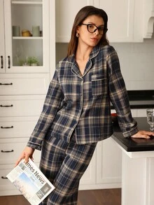 Doze Lane 女款棉質格紋休閒優雅可愛日系翻領長袖睡衣套裝，秋季舒適居家睡袍，海軍藍 - 藍色 - 查看 3