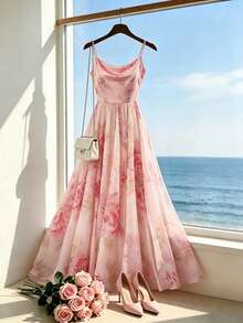 SHEIN Franclia Women's Elegant Blush Pink Floral French Dress,Summer Garden Party Wedding Guest Gown,Holiday Elegant Cowl Neck Gradient Strap Large Swing Dress - Baby Pink - View 4