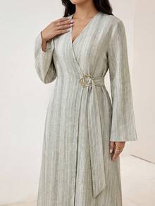 Veilorie Áo Abaya dài tay cổ chữ V in họa tiết sọc dành cho nữ - Nhiều màu - Xem 6
