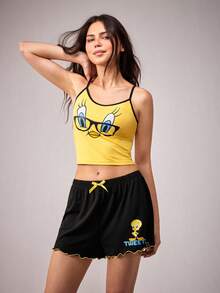 LOONEY TUNES X SHEIN Women's Cartoon Print Camisole And Shorts Pajama Set, - Multicolor - View 5