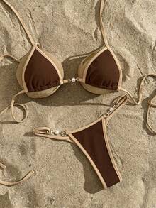 Swim Vcay Ladies' Solid Color Halter Neck Bikini Set For Beach Vacation, Triangle Cup Summer - Brown - View 3