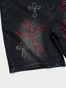Manfinity EMRG Quần short denim đen mài bóng dành cho nam, thiết kế hình thánh giá Gothic đính đá, phong cách đường phố. - màu đen - Xem 4