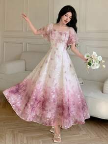 Modelyn Vestido de Primavera & Verano Elegante y de Moda con Cuello Cuadrado, Manga Corta, Cintura Definida, Estampado y Vuelo - Rosa - Ver 3