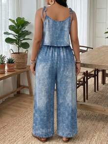 SHEIN Frenchy Mono de tela tejida con estampado de falso denim de talla grande, informal, sin mangas, con tirantes de espagueti, de largo completo, con detalle anudado, adecuado para verano, vacaciones y uso diario - Azul - Ver 2