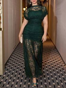 Modelyn Elegant Olive Green Lace Ruffle Dress, High-End Fashion Evening Gown For Plus Size Women - Dark Green - View 5