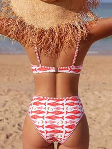 Swim Mod Bikini de 2 piezas con parte superior con aros y tirantes ajustables, y Bottom de tiro alto, con estampado floral ditsy en color fucsia, para vacaciones, Primavera/Verano 2026 - Rojo - Ver 2