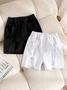 SHEIN 2Pcs Tween Boy Fashion Casual Y2k Vintage Cool Street Basic Simple Street Style White And Black Ripped Denim Shorts 2-Pieces Set For Kids Clothes Daily-Wear And Kids Spring To Summer Rave Festival And Streetwear Clothes - Multicolor - View 10