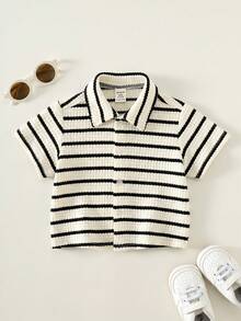 SHEIN Áo khoác cardigan tay ngắn cổ bẻ, họa tiết kẻ sọc, đa năng, phong cách thường ngày cho bé trai. - Nhiều màu - Xem 8