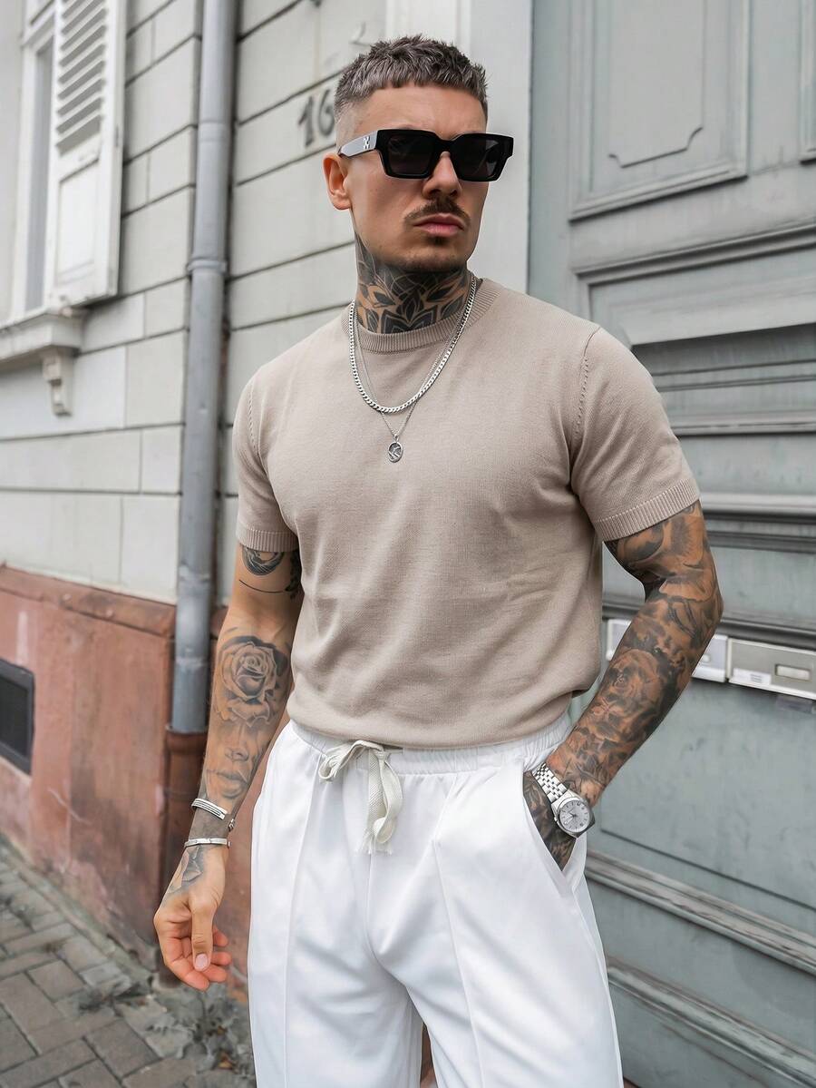 Artur Kramer Men's Casual Solid Color Short Sleeve Pullover Knitted Top, Spring/Summer