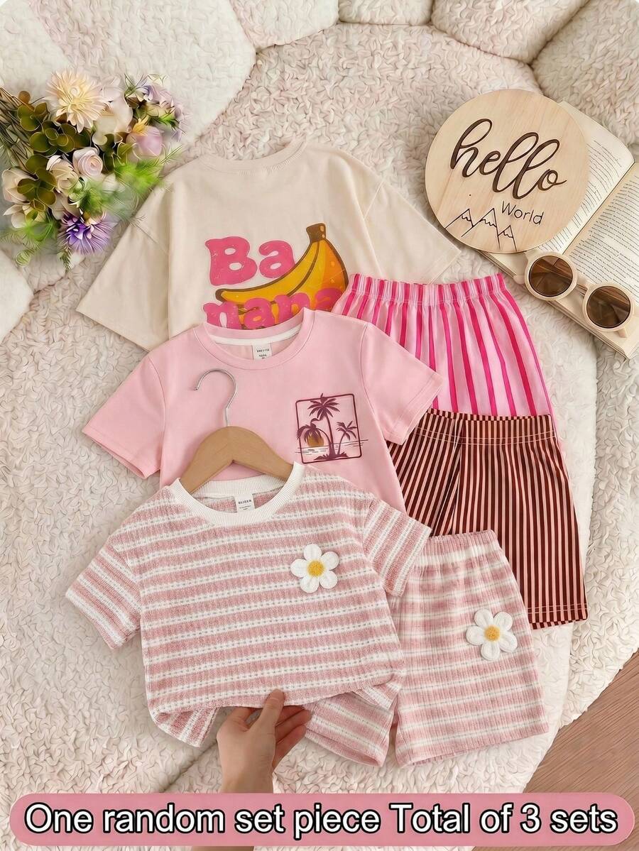 SHEIN Young Girl Striped Round Neck Floral Decor Short Sleeve T-Shirt And Shorts Casual Daily Outfit - Pink - View 1