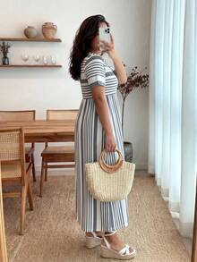 Enliva Vestido casual de manga corta con cuello redondo, estampado y a rayas para mujer de talla grande con abertura en el bajo, vestido de playa y vacaciones - Gris - Ver 2