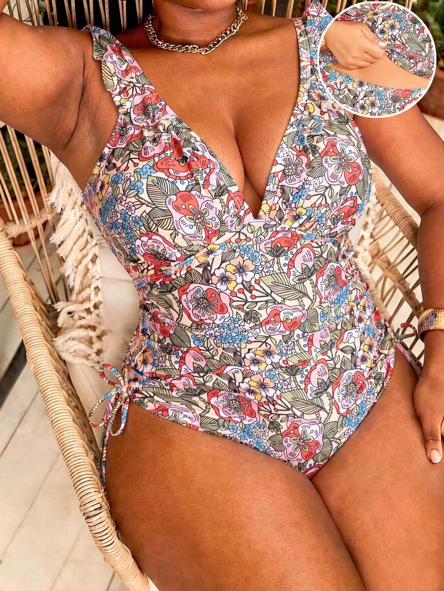 Swim Vcay Plus Size Women 2pcs/Set Random Print Elegant Flounce Tankini Swimwear Vacation Beige Summer - Multicolor - View 1