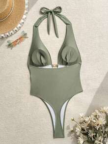 Swim Basics Áo tắm liền thân hở lưng cổ chữ V gợi cảm mới dành cho nữ, trang phục đi biển phong cách boho mùa hè. - Màu xanh Ô liu - Xem 3