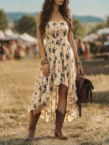 Balvessa Women's Jacquard Printed Irregular Hemline Elegant Style Halter Dress - Apricot - View 6