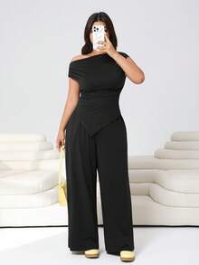 Solflare Plus Size Women Black Asymmetric Collar Top And Wide Leg Pants With Slant Pockets, 2 Pieces Set, Spring/Summer - Black - View 3