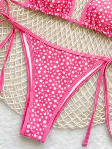 Swim Vcay 女款夏季新款掛脖繫帶花卉飾邊雛菊吊墜低腰三角比基尼套裝 海灘粉色花卉性感 - 玫紅色 - 查看 4