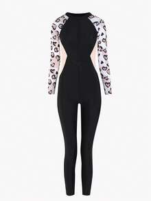 SHEIN Baju Renang Terusan untuk Anak Perempuan Remaja, Motif Patchwork Hitam & Merah Muda, Lengan Panjang & Celana, Motif Hati Macan Tutul, Baju Renang Pelindung Ruam Pantai Musim Panas yang Lucu, Baju Renang Penutup Penuh - Hitam - View 4
