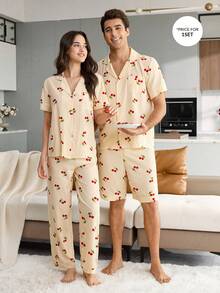 CoupledUp Striped Cherry Print Lapel Short Sleeve Shorts Men's Pajama Set - Yellow - View 6