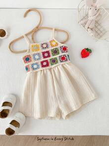 SHEIN Vintaside Kids Bộ đồ liền thân vải dệt kim dệt kim kiểu dáng đơn giản thời trang cho bé gái, thích hợp cho các chuyến đi chơi - Màu be - Xem 1