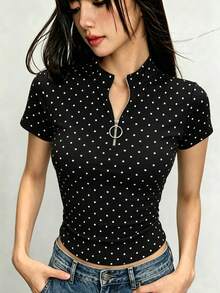 Rina Fox Camiseta de mujer con media cartera con cremallera y estampado de lunares versátil de moda - Multicolor - Ver 1