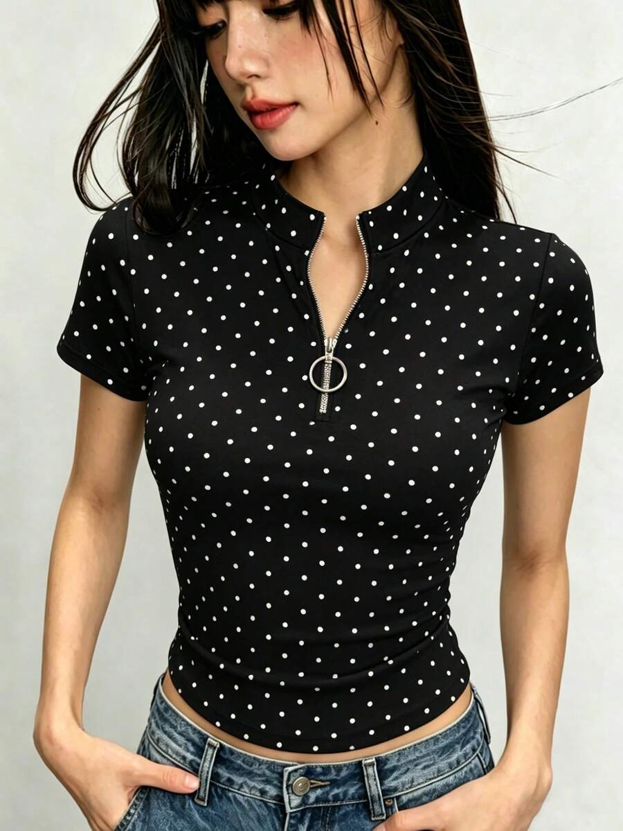 Rina Fox Camiseta de mujer con media cartera con cremallera y estampado de lunares versátil de moda - Multicolor - Ver 1