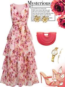 Ellevyn Đầm vintage lãng mạn với họa tiết hoa màu cam và viền bèo nhún. - Hồng - Xem 7