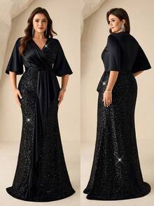 Coutiva Vestido formal de cola de sirena con mangas acampanadas de satén con acentos de lentejuelas negras y cintura drapeada asimétrica - Negro - Ver 8
