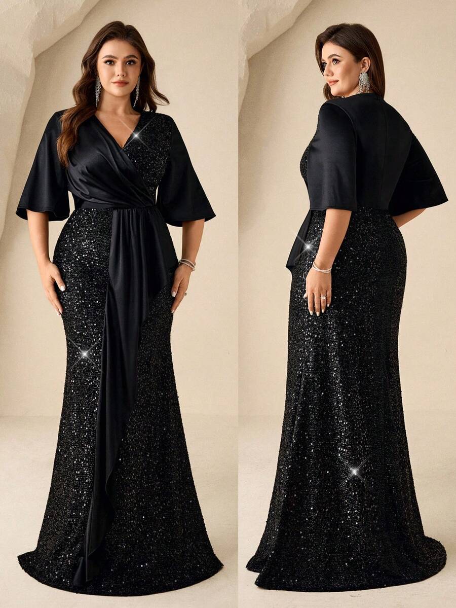 Coutiva Đầm dạ hội dáng đuôi cá, tay xòe, eo xếp ly, chất liệu satin đính sequin đen. - màu đen - Xem 1