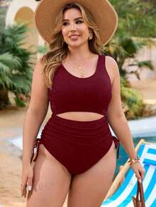 SHEIN Navy Blue Plus Size One-Piece Swimsuit With Cover-Up Set For Leisure & Vacation - Red Violet - View 4