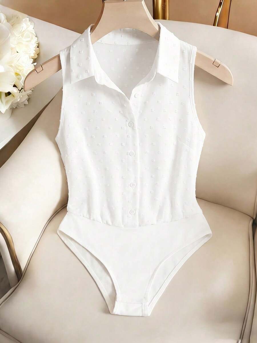SHEIN Clasi 大码女式春夏毛绒无袖连体衣 - 白色 - 查看 1
