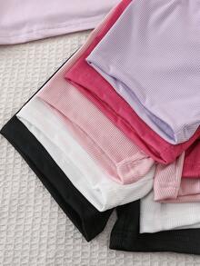SHEIN Playful Pals 5套女嬰休閒粉色黑白色純色圓領短袖柔軟T恤與短褲套裝，日常春夏季穿搭 - 彩色 - 查看 5