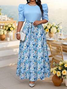 Fleurora Summer Elegant Blue And White Tea Party Floral Print Patchwork Dress,Women Plus Size Round Neck Flared Leg-Of-Mutton Sleeve Belted Office Work Dress - Blue - View 1