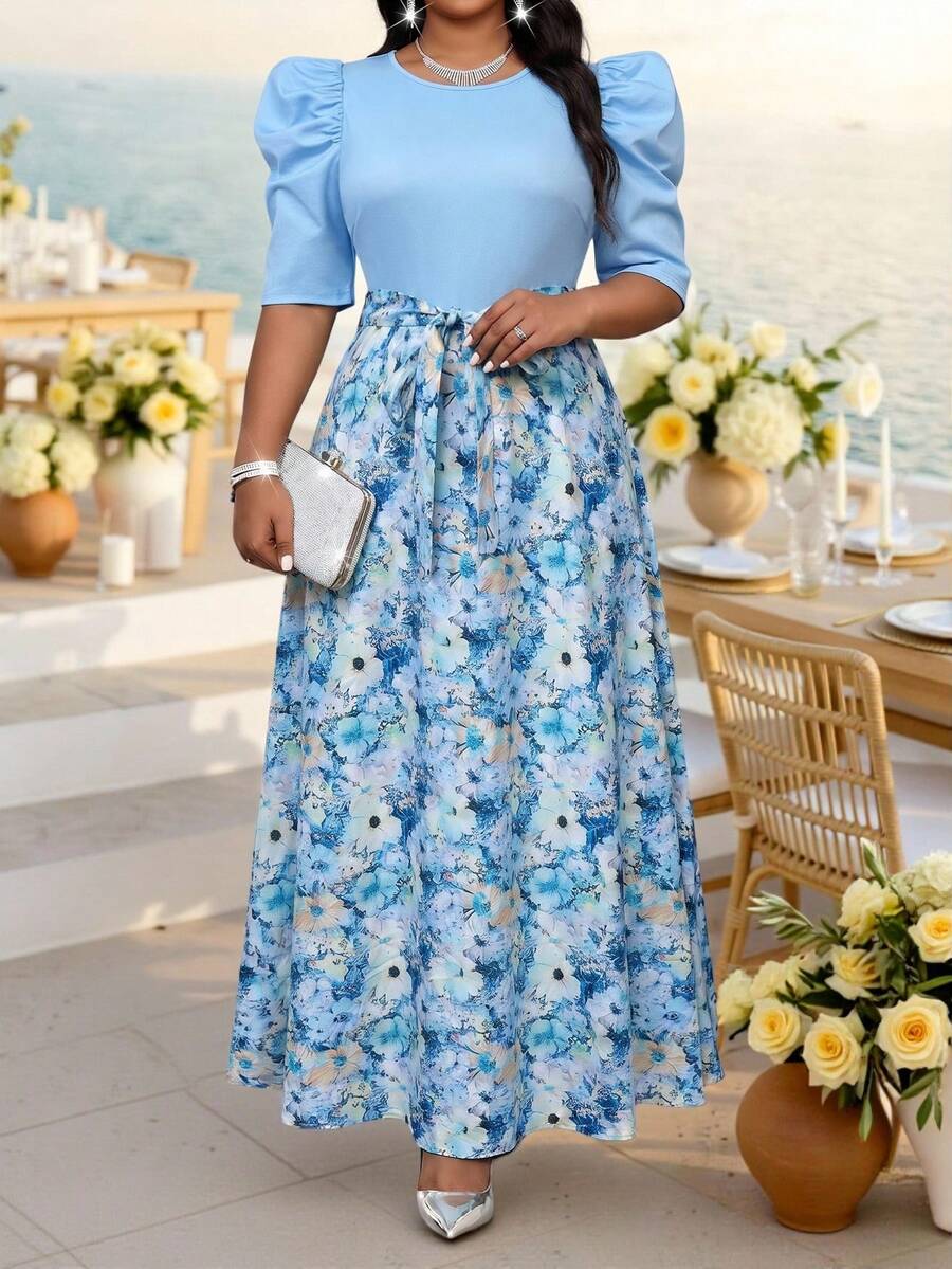 Fleurora Summer Elegant Blue And White Tea Party Floral Print Patchwork Dress,Women Plus Size Round Neck Flared Leg-Of-Mutton Sleeve Belted Office Work Dress - Blue - View 1
