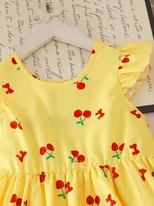 SHEIN Elladie kids 女童甜美櫻桃印花荷葉袖 A 字版型 U 背對比蝴蝶結洋裝，適合度假與戶外，夏季穿著 - 彩色 - 查看 5
