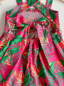SHEIN Baby Girl Vacation Casual Cute Floral Pattern Ruffle Hem Dress - Red - View 3