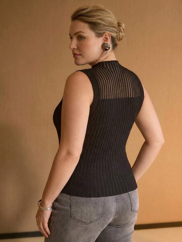 PLUS SIZE WOMEN'S SUMMER STAND COLLAR SHEER RIBBED KNIT TOP