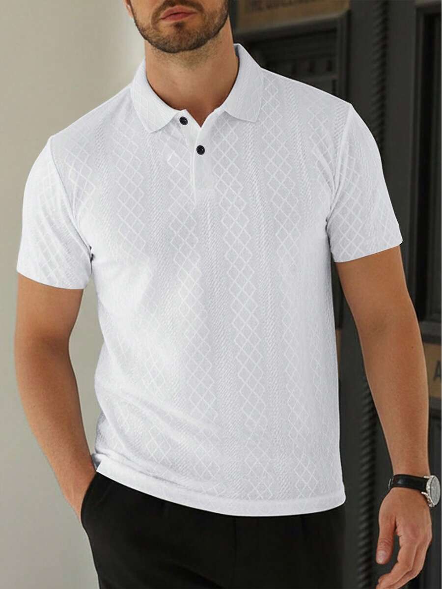 Calvornis 男士短袖纹理面料 Polo 衫,适合外出、聚会和办公穿着 - 白色 - 查看 1