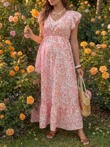 SHEIN Maternity Floral Print V-Neck Cap Sleeve Elegant Maternity Dress For Vacation Photoshoot Summer - Red - View 2