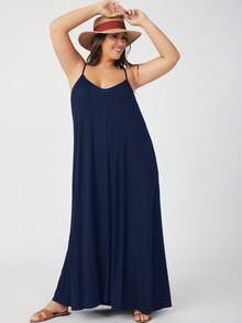 SHEIN BASICS 大码休闲纯色无袖连衣裙，夏季 - 藏蓝色 - 查看 3