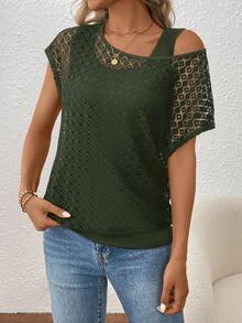Balvessa Women's Lace Patchwork Asymmetric Shoulder Blouse - Army Green - View 5