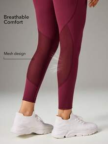 OutZeal Gym Wear Women Sports Leggings Workout Yoga Pilates Tummy Control Mesh Panel Active Bottom - Burgundy - View 3