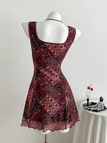Elamini 女士复古碎花迷你连衣裙，收腰设计，无袖，荷叶边下摆，浪漫海滩度假风，春夏款 - 酒紅色 - 查看 2