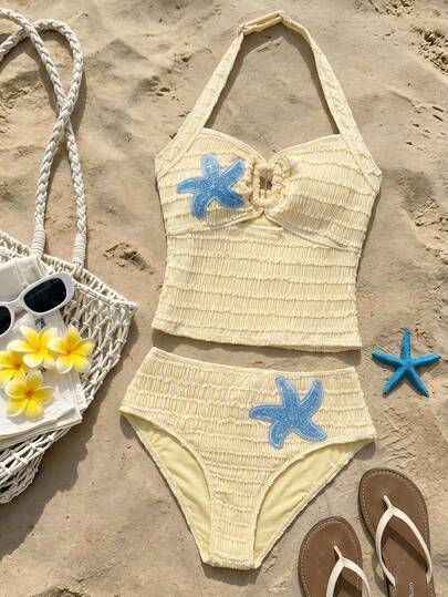 SHEIN Teen Girl & Teen Girls Cream Yellow Jacquard Starfish Decor Spaghetti Strap Tankini Top, Suitable For Swimming, Vacation, Summer Beach Wear, Children Swimsuit Set, Summer Holiday, Spaghetti Strap Bikini Shorts Swimwear Set
