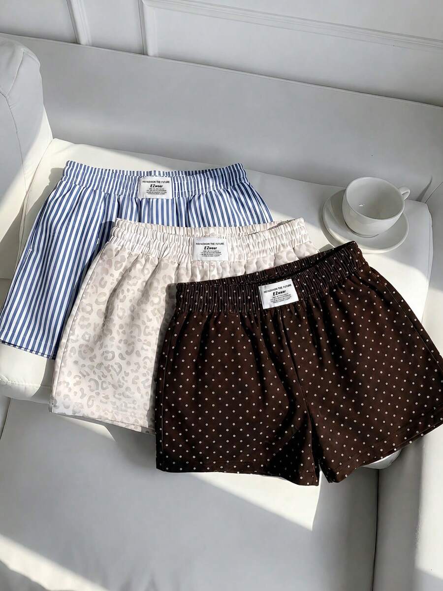 SHEIN EZwear Bộ 3 chiếc quần short nữ thoải mái, phong cách cổ điển thanh lịch, đa năng, màu xanh dương ấm áp, sọc trắng và chấm bi nâu, thích hợp mặc đi biển/nghỉ mát, mùa hè, chất liệu vải dệt. - Nhiều màu - Xem 1