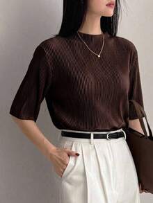 DAZY Ladies' Solid Color Pleated Short Sleeve T-Shirt Sheer School - Coffee Brown - View 6
